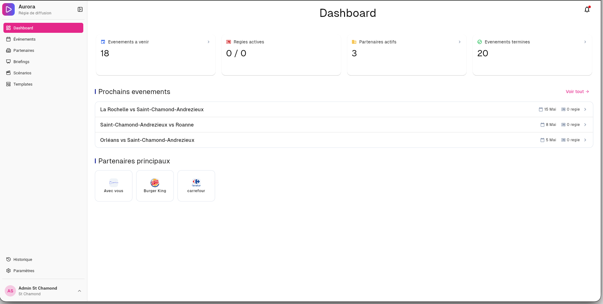 Dashboard Aurora - gestion de saison sportive